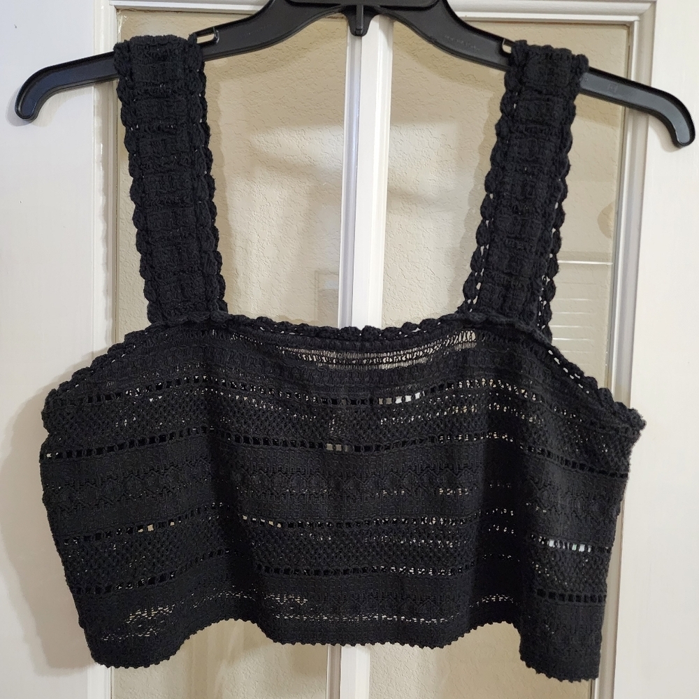NWT Aerie Black Crochet Crop Top Boho Knit Tank Large Festival Beach
